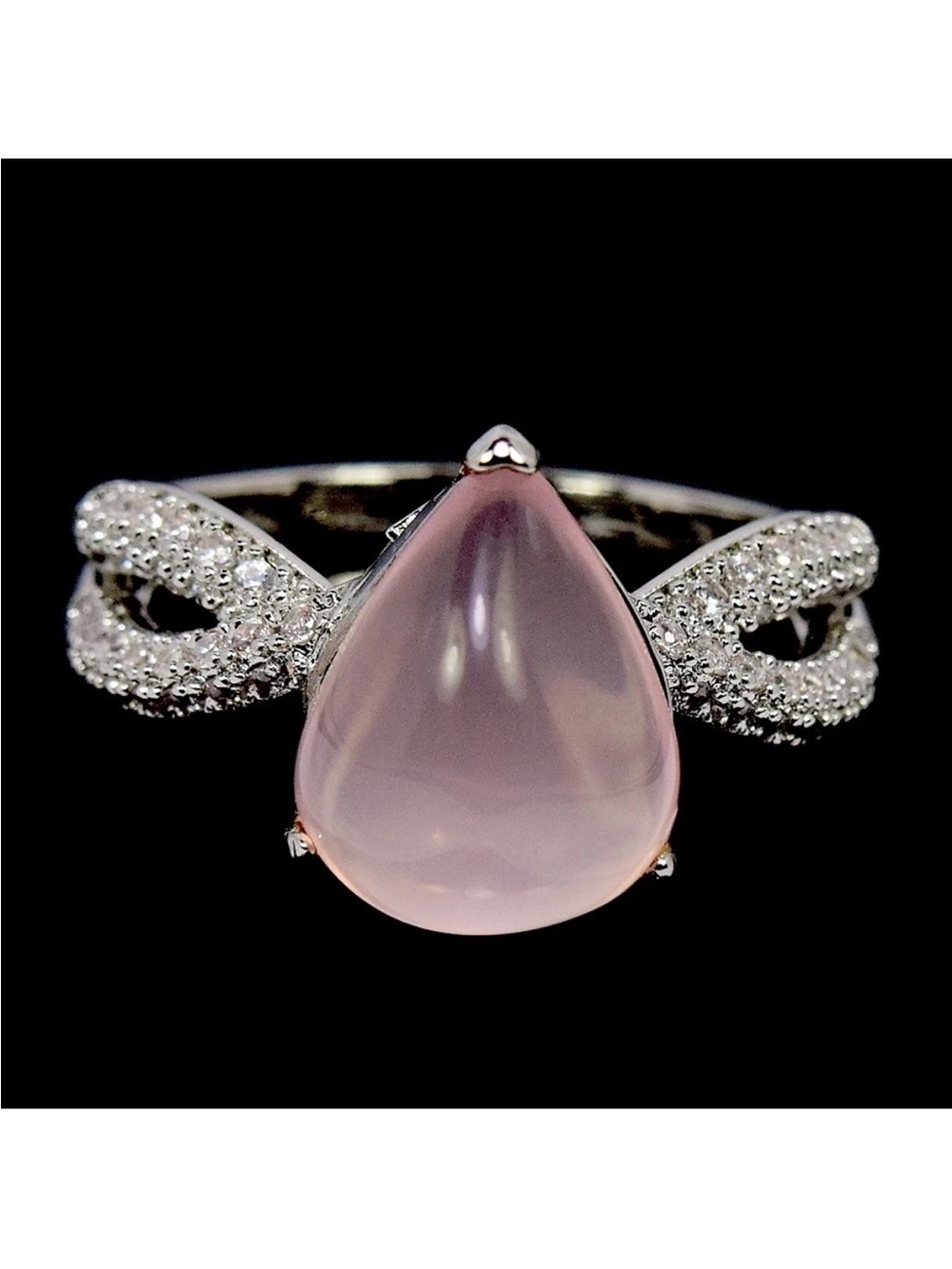 Beautiful Natural Rose Quartz Teardrop w/ zircon 925 Sterling Silver Size 8